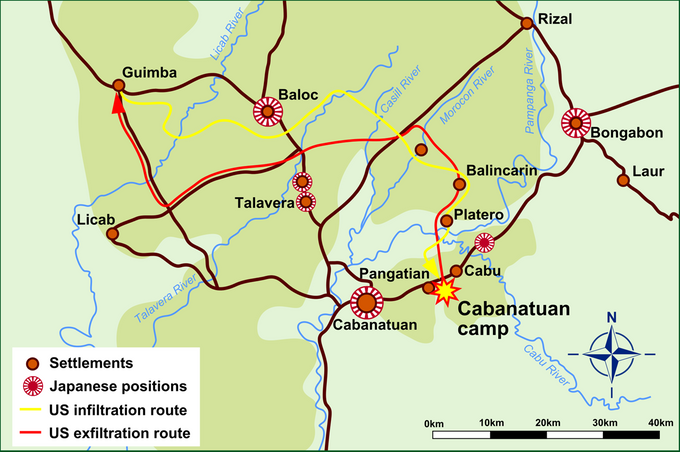 Public Domain: Route map of Raid at Cabanatuan.svg. Created: 12 June 2010