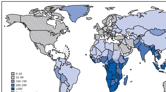 Annual tuberculosis incidence (per 100,000 population), by region — worldwide, 2017. CDC.gov.